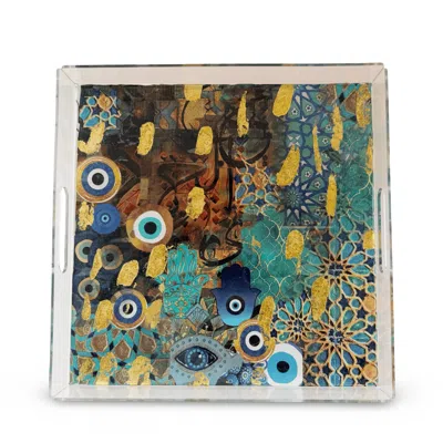 Casa Duniya Zoya Serving Tray – Hand-applied Evil Eye & Hamsa Acrylic In Multi