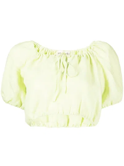 Casa Raki Short-sleeve Linen Crop Top In Green