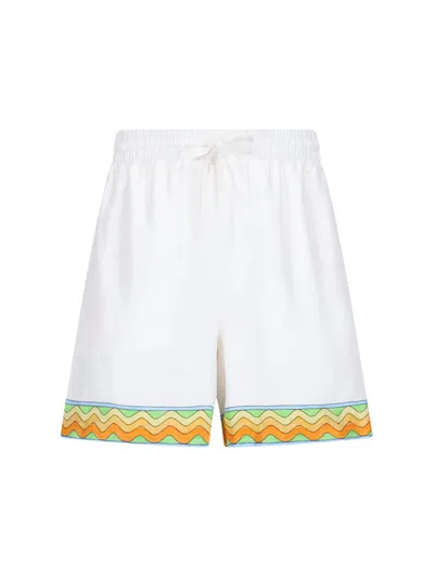Casablanca 'afro Cubism Tennis Club' Silk Shorts In White