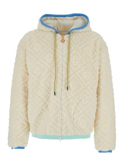 CASABLANCA BEIGE JACKET WITH ALL-OVER MONOGRAM AND FIXED HOOD IN FABRIC MAN