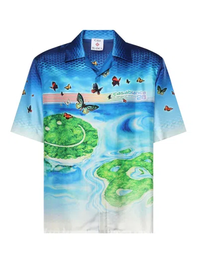 Casablanca Destiny Cuban Collar Silk Graphic Shirt In Blue
