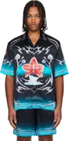 Casablanca Black Blades Short Sleeve Silk Satin Shirt In Multi