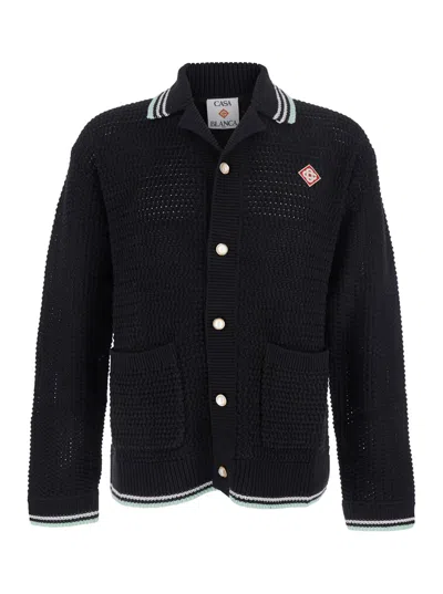 CASABLANCA BLACK CARDIGAN WITH LOGO PATCH ON THE FRONT IN COTTON MAN
