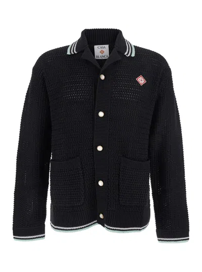 CASABLANCA BLACK CARDIGAN WITH LOGO PATCH ON THE FRONT IN COTTON MAN