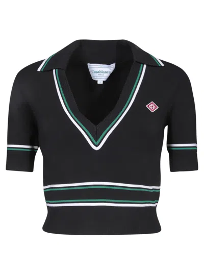 Casablanca Striped Short-sleeve Crop Polo Shirt In Black