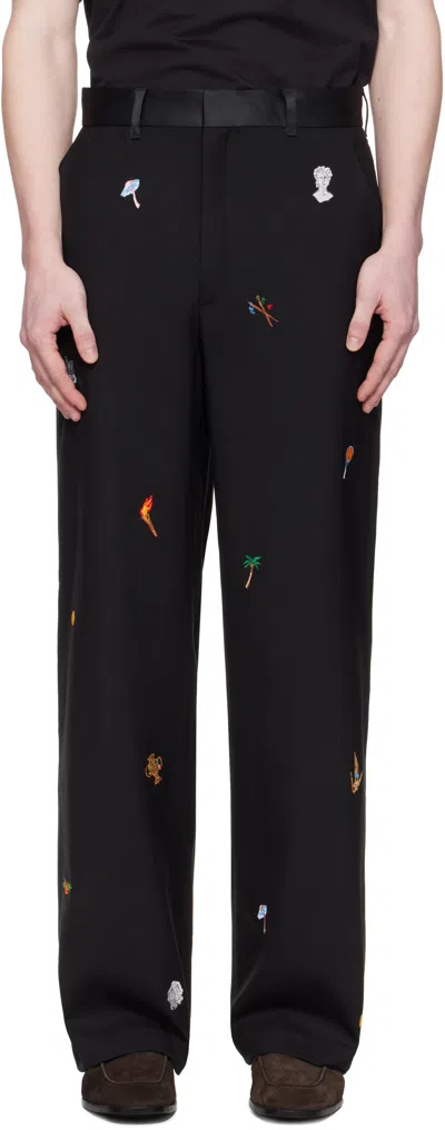 Casablanca Black Embroidered Motif Tailored Trousers In Black Motif Icons