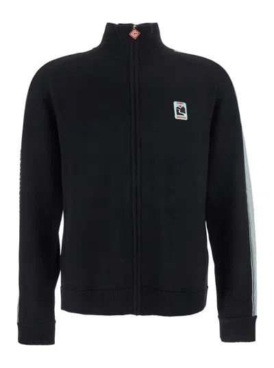 CASABLANCA BLACK HIGH NECK SWEATSHIRT WITH LOGO PATCH ON THE FRONT IN WOOL MAN