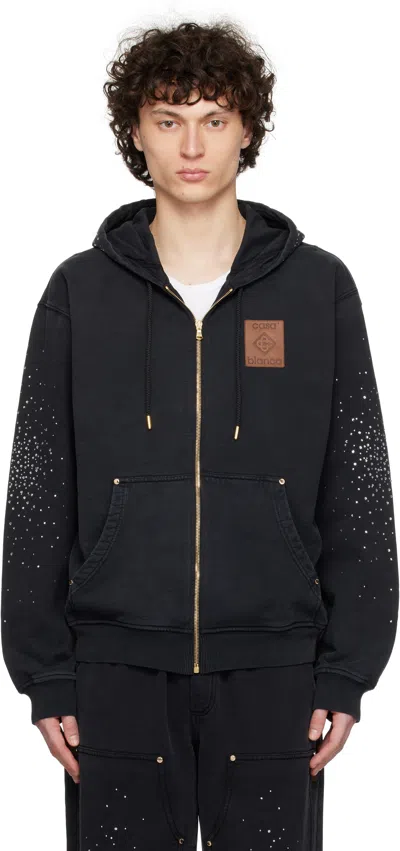 CASABLANCA BLACK 'LA PRÉMONITION' CRYSTAL EMBELLISHED ZIP HOODIE