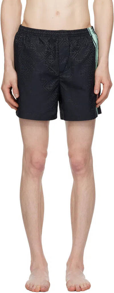 CASABLANCA BLACK MONOGRAM JACQUARD STRIPE SWIM SHORTS