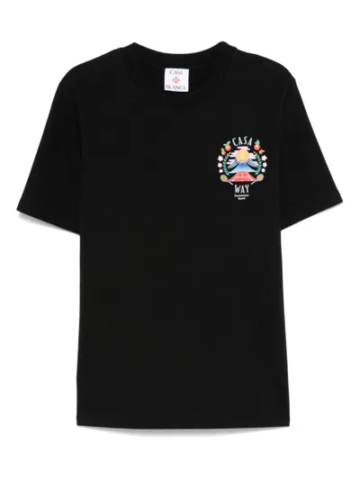 CASABLANCA BLACK PRINTED COTTON T-SHIRT