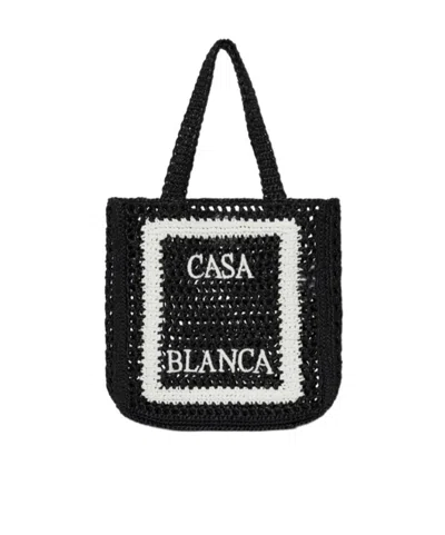 Casablanca Black Raffia Tote In Multi
