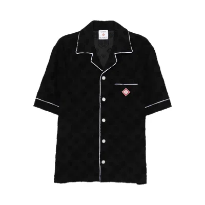 Casablanca Men Black Shirt With Classic Lapels And All-over Embossed Monogram In Cotton Man