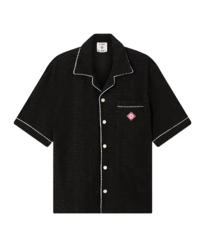Casablanca Men Black Shirt With Classic Lapels And All-over Embossed Monogram In Cotton Man