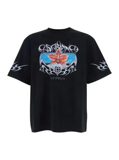 CASABLANCA BLADES BLACK CREWNECK T-SHIRT WITH MAXI PRINT ON THE FRONT IN COTTON JERSEY MAN