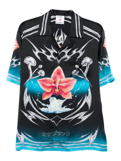 Casablanca Blades Orchid-print Cuban-collar Shirt In Blue