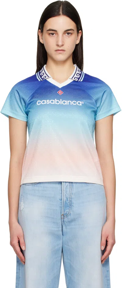 CASABLANCA BLUE & PINK JACQUARD MONOGRAM FOOTBALL T-SHIRT