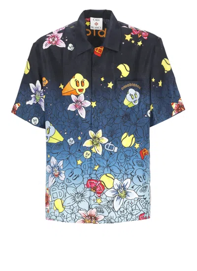 Casablanca Blue Collage Graffiti Silk Shirt In Multi