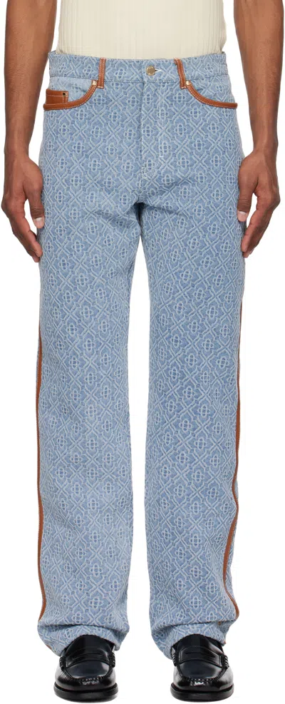 CASABLANCA BLUE DIAMOND MONOGRAM LEATHER TRIM JEANS
