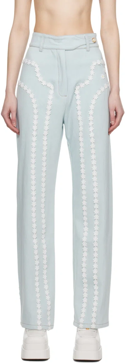 Casablanca Daisy-lace Border Paneled Straight-leg Denim Trousers In Bleached Denim