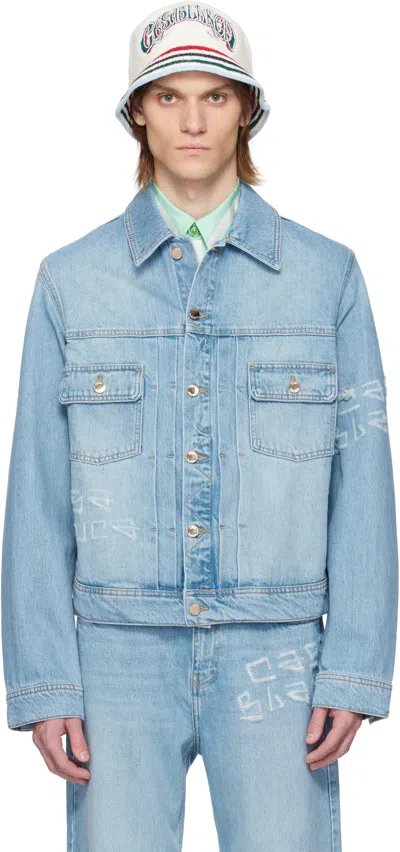 Casablanca Blue Graffiti Distressed Denim Jacket In Light Indigo