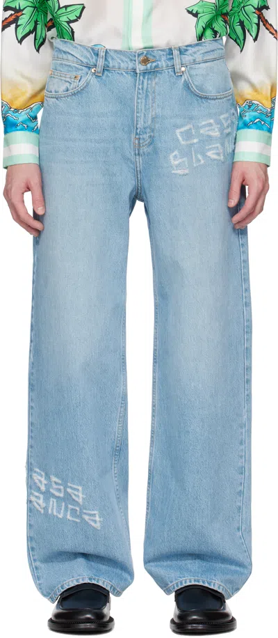 Casablanca Graffiti Distressed Straight Jeans In Blue