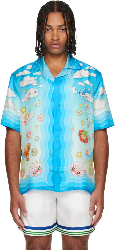 Casablanca Blue Kawaii Motif Short Sleeve Silk Twill Shirt