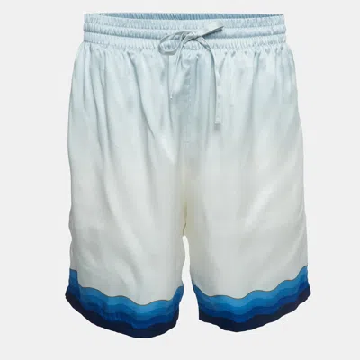 Pre-owned Casablanca Blue Printed Satin Silk Tennis Club Shorts L