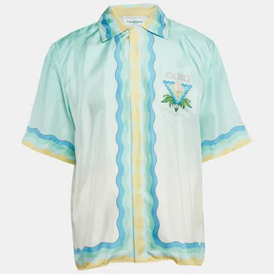 Pre-owned Casablanca Blue Printed Silk Short Sleeve Shirt L