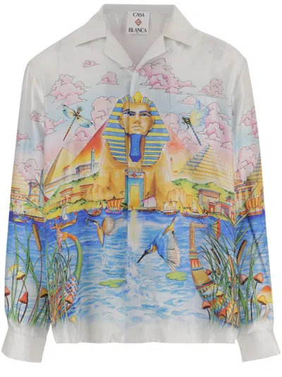 Casablanca Bowling Collar Silk Shirt With Egyptian Graphic Print In Multi