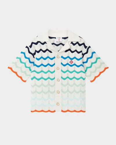 Casablanca Kids' Boy's Crochet Wave Stripe Short-sleeve Shirt