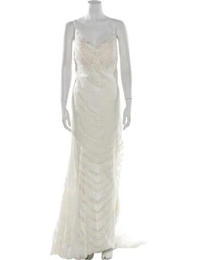 Pre-owned Casablanca Bridal V-neck Long Dress In Neutral