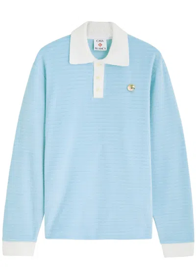 Casablanca Brooch-embellished Velour Polo Shirt In Blue