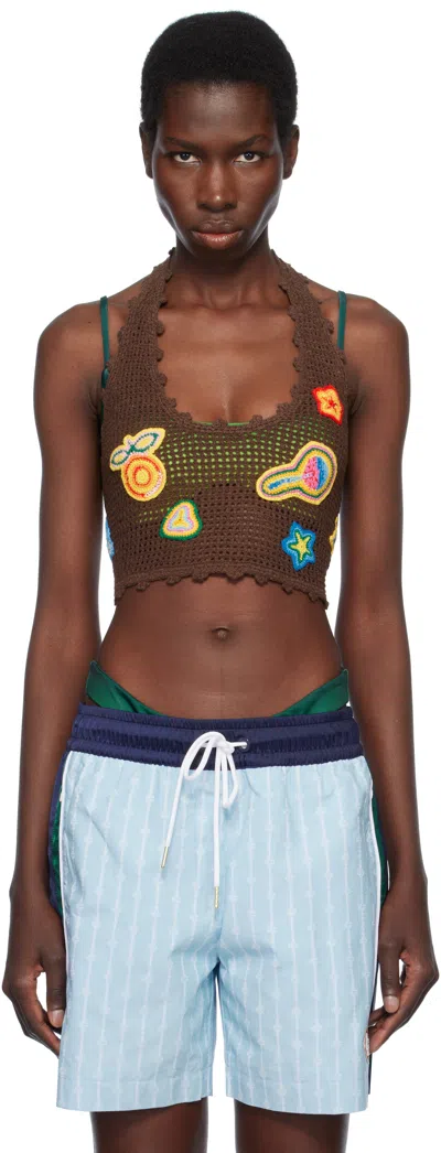 CASABLANCA BROWN MOTIF CROCHET CROP TOP