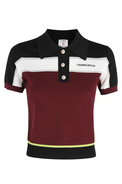 Casablanca Burgundy Striped Ribbed-neck Logo-chest Viscose-blend Polo Shirt In Black