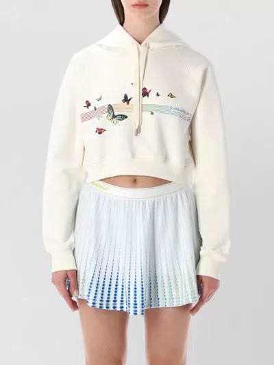 Casablanca Butterfly Print Cropped Cotton Hoodie Top In White