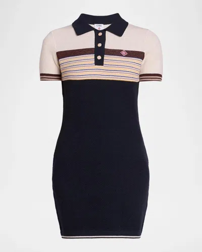Casablanca Striped Cotton Wool-blend Short-sleeve Polo Mini Dress In Blue