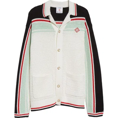 Casablanca Camp Collar Long Sleeve Cotton Crochet Cardigan In Yellow