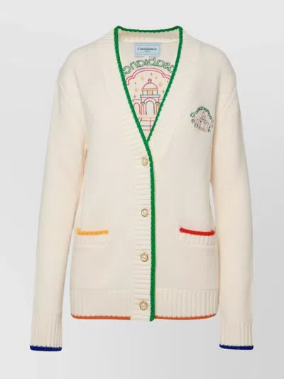 Casablanca Rainbow Crayon Temple Embroidered Wool-cashmere Cardigan In Neutrals