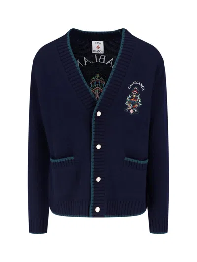 Casablanca Hotel-emblem Intarsia-knit Logo-patch Cardigan In Blue