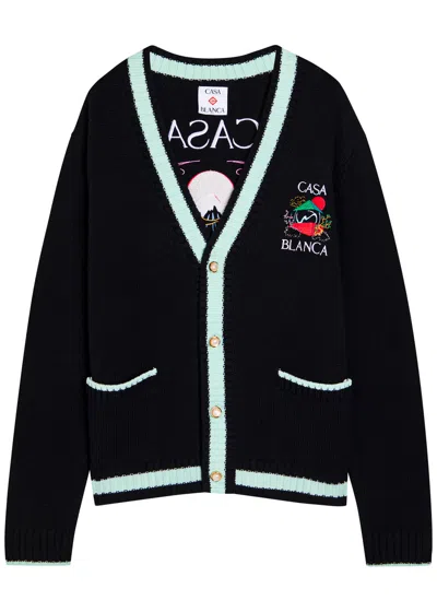 Casablanca Casa Mountain Temple Embroidered Knit Cardigan In Black