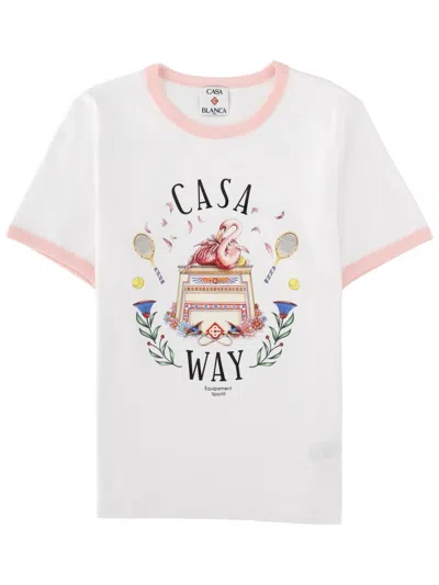 Casablanca Casa Way Graphic Flamingo Tennis Organic Cotton T-shirt In White