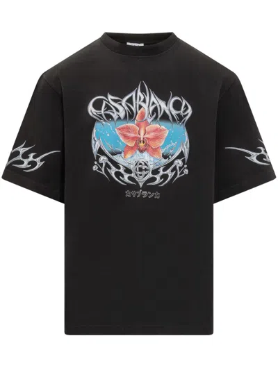 CASABLANCA CASABLANCA CASABLANCA BLACK T-SHIRT WITH FLORAL AND TRIBAL PRINT