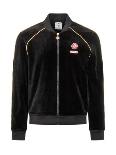 CASABLANCA CASABLANCA CASABLANCA BLACK VELVET BOMBER JACKET WITH YELLOW PROFILES