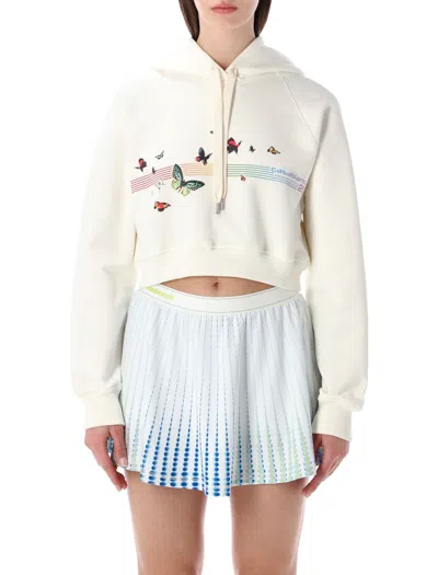 Casablanca Butterfly Print Cropped Cotton Hoodie Top In White