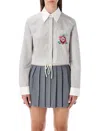 Casablanca Cropped Long-sleeved Striped Shirt With Floral Embroidery In White