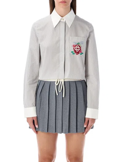 Casablanca Cropped Striped Shirt With Floral Embroidery In White