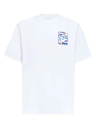 Casablanca Men White Crewneck T-shirt With Logo Detail On The Front And Maxi Logo On The Rear In Cot