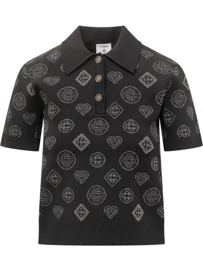 Casablanca Knitted Polo Shirt With Monogram Pattern In Black