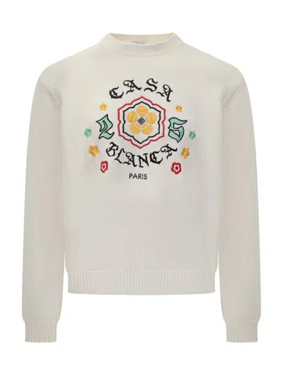 CASABLANCA CASABLANCA CASABLANCA WHITE SWEATER WITH LOGO EMBROIDERY AND FLOWERS