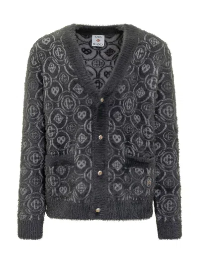 Casablanca Wool Cardigan With Monogram Logo Grey In Gray